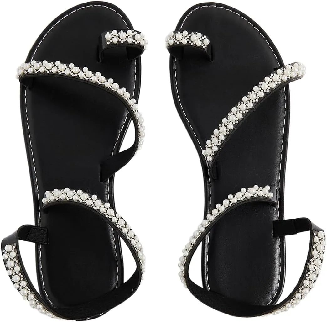 GORGLITTER Women's Pearl Strappy Flat Sandals Beaded Ankle Strap Toe Ring Summer Sandal