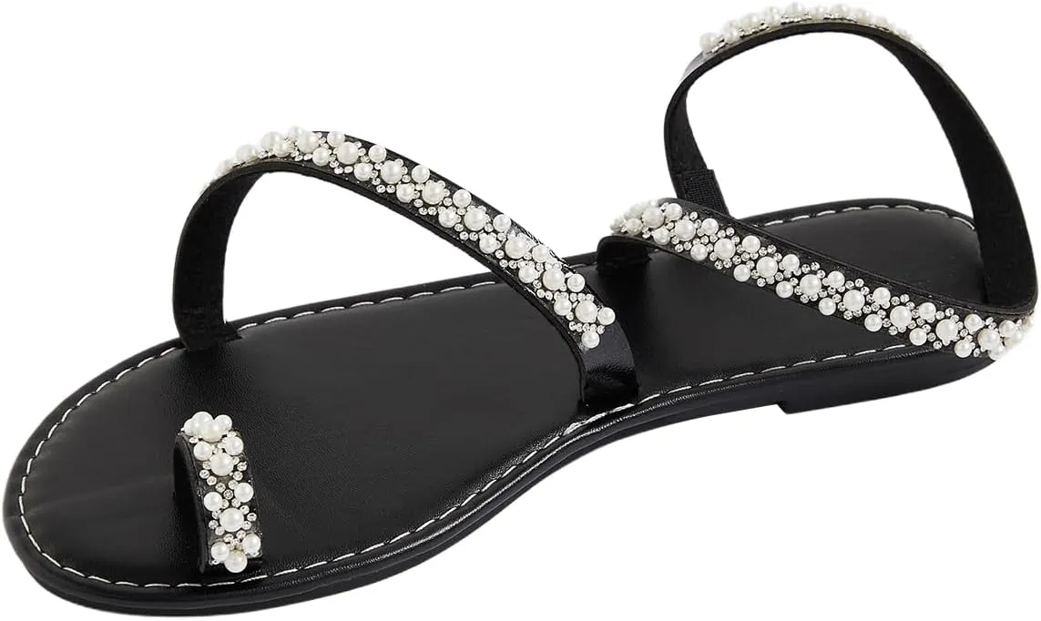 GORGLITTER Women's Pearl Strappy Flat Sandals Beaded Ankle Strap Toe Ring Summer Sandal