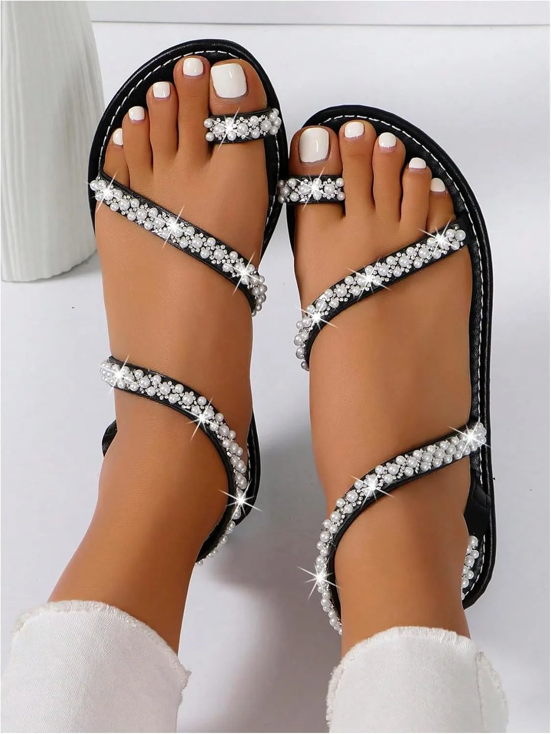 GORGLITTER Women's Pearl Strappy Flat Sandals Beaded Ankle Strap Toe Ring Summer Sandal