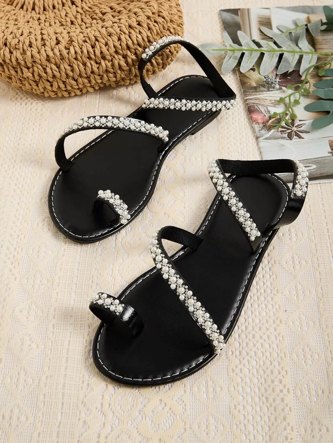 GORGLITTER Women's Pearl Strappy Flat Sandals Beaded Ankle Strap Toe Ring Summer Sandal
