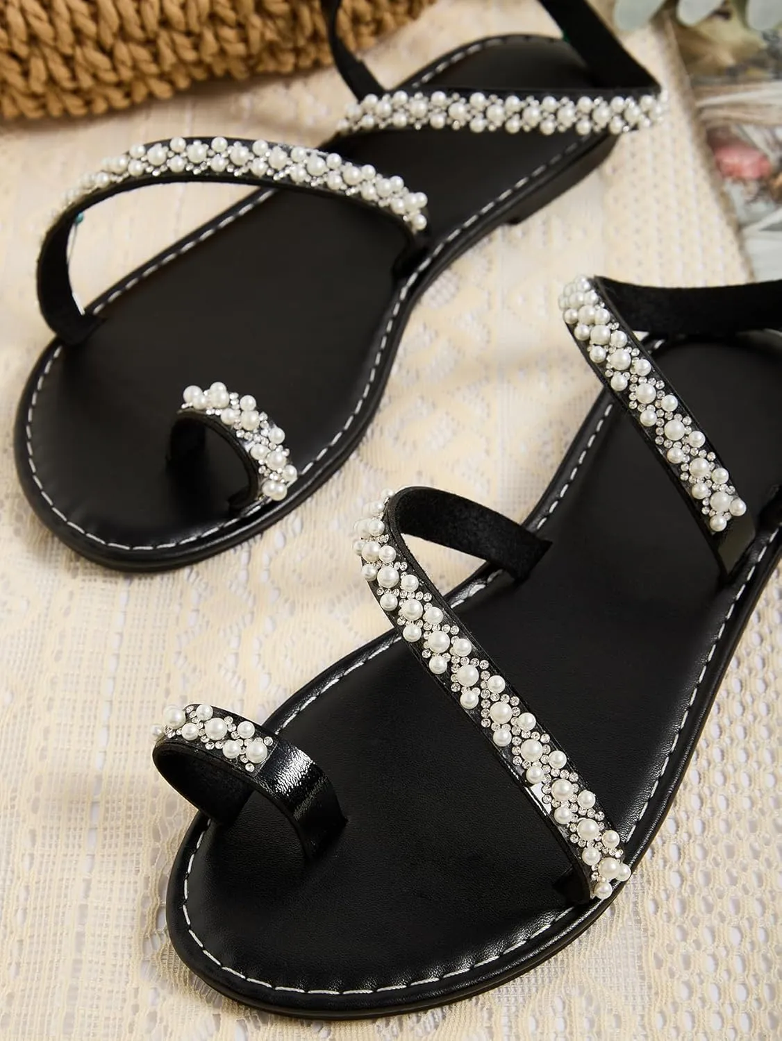 GORGLITTER Women's Pearl Strappy Flat Sandals Beaded Ankle Strap Toe Ring Summer Sandal