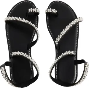 GORGLITTER Women's Pearl Strappy Flat Sandals Beaded Ankle Strap Toe Ring Summer Sandal