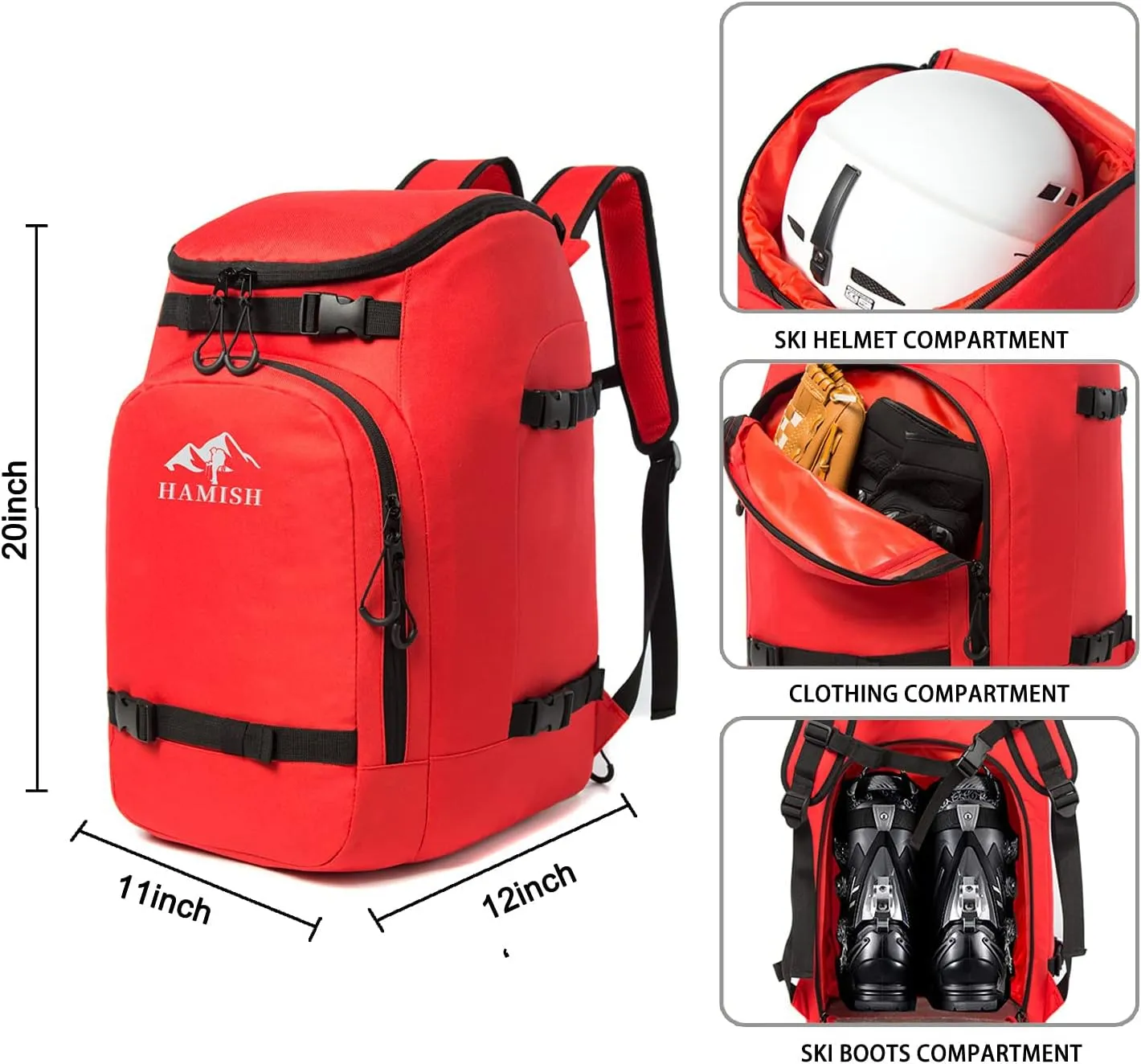 Hamish Ski Boot Bag,1.76cu ft 50L Waterproof large capacity Ski Boots Bag Backpack,Snowboard Travel Lightweight Ski Bag Backpack for Ski Helmet, Goggles, Gloves, Skis, Snowboard & Accessories