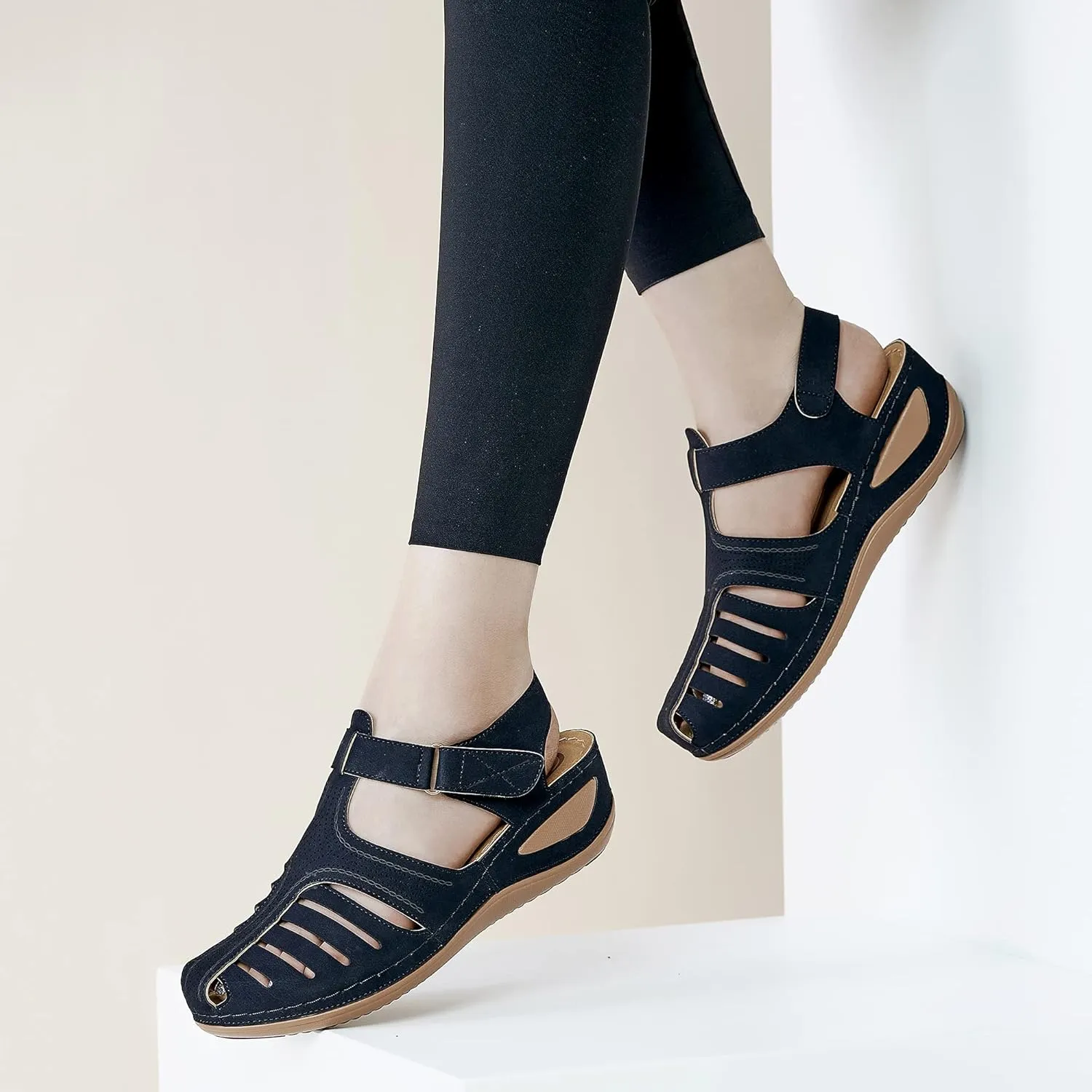 HARENCE Womens Sandals Wedge Shoes: Comfortable Ankle Strap Closed Toe Summer Platform Sandals Casual Bohemia Gladiator Outdoor Wedges