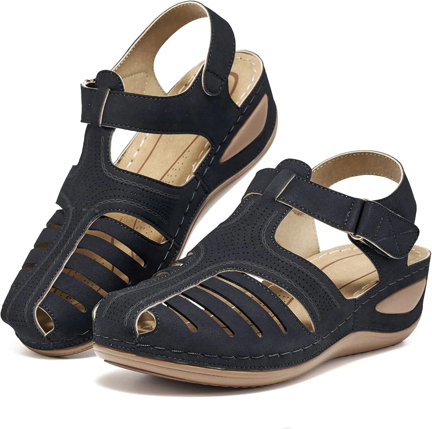 HARENCE Womens Sandals Wedge Shoes: Comfortable Ankle Strap Closed Toe Summer Platform Sandals Casual Bohemia Gladiator Outdoor Wedges