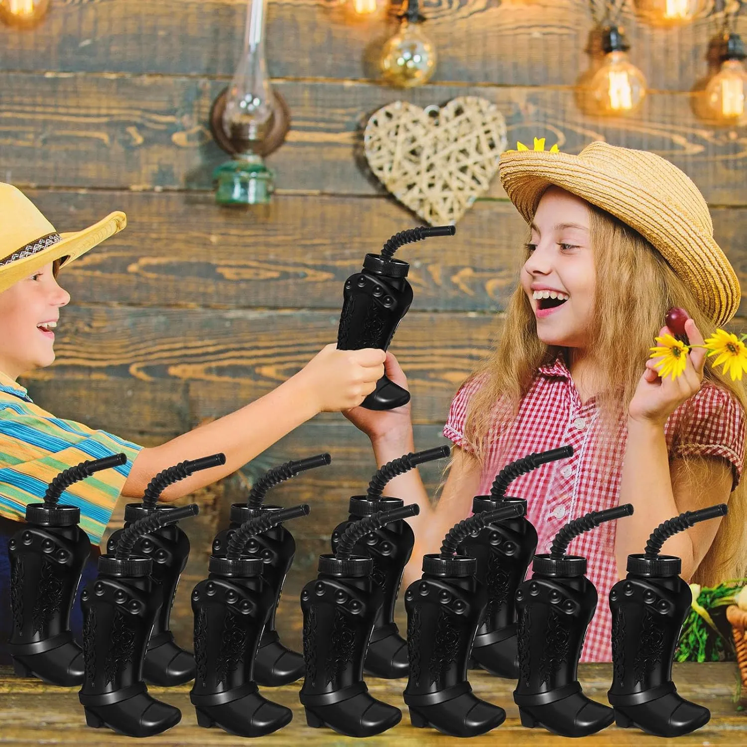Hoolerry 24 Pcs 10 oz Plastic Cowboy Boot Cups with Straws and Lids Plastic Cowboy Cups for Western Themed Party Supplies and Rodeo Party Decorations (Black)