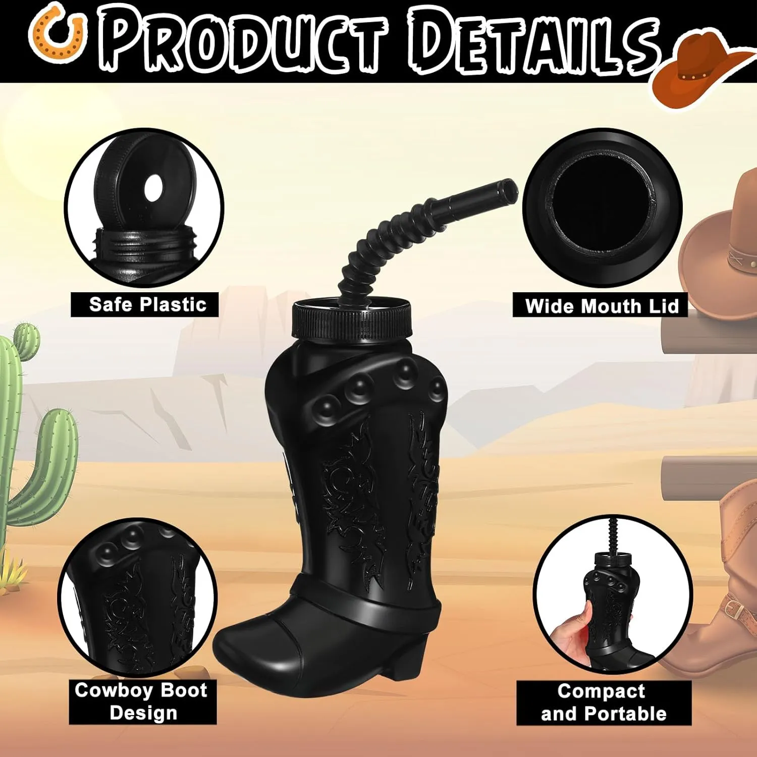 Hoolerry 24 Pcs 10 oz Plastic Cowboy Boot Cups with Straws and Lids Plastic Cowboy Cups for Western Themed Party Supplies and Rodeo Party Decorations (Black)