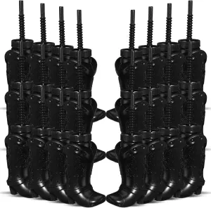 Hoolerry 24 Pcs 10 oz Plastic Cowboy Boot Cups with Straws and Lids Plastic Cowboy Cups for Western Themed Party Supplies and Rodeo Party Decorations (Black)