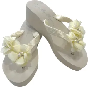 Ivory White Wedge Flip Flops Wedding Bridal Wedge Bride Platform Heel Flower Satin Shoes Sandals Beach