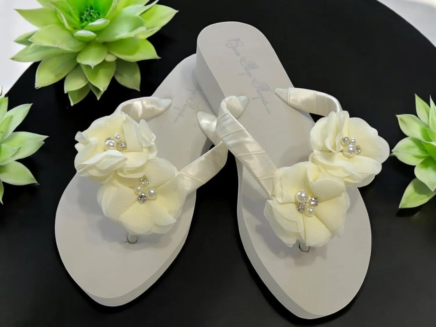 Ivory White Wedge Flip Flops Wedding Bridal Wedge Bride Platform Heel Flower Satin Shoes Sandals Beach