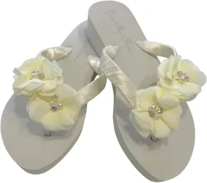 Ivory White Wedge Flip Flops Wedding Bridal Wedge Bride Platform Heel Flower Satin Shoes Sandals Beach
