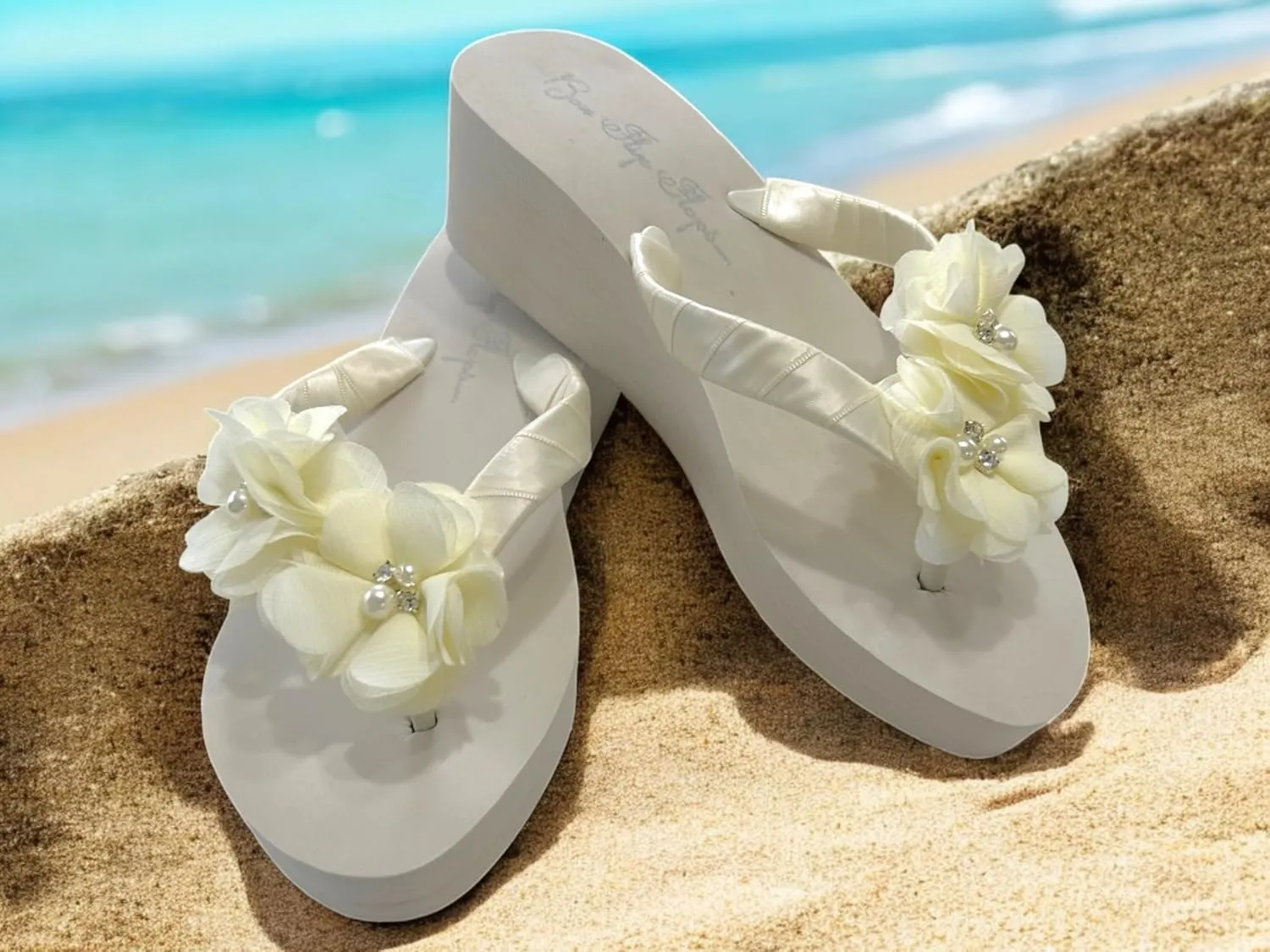 Ivory White Wedge Flip Flops Wedding Bridal Wedge Bride Platform Heel Flower Satin Shoes Sandals Beach