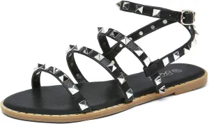 katliu Women's Flat Sandals Strappy Studded Sandals Gladiator Sandals with Ankle Strap