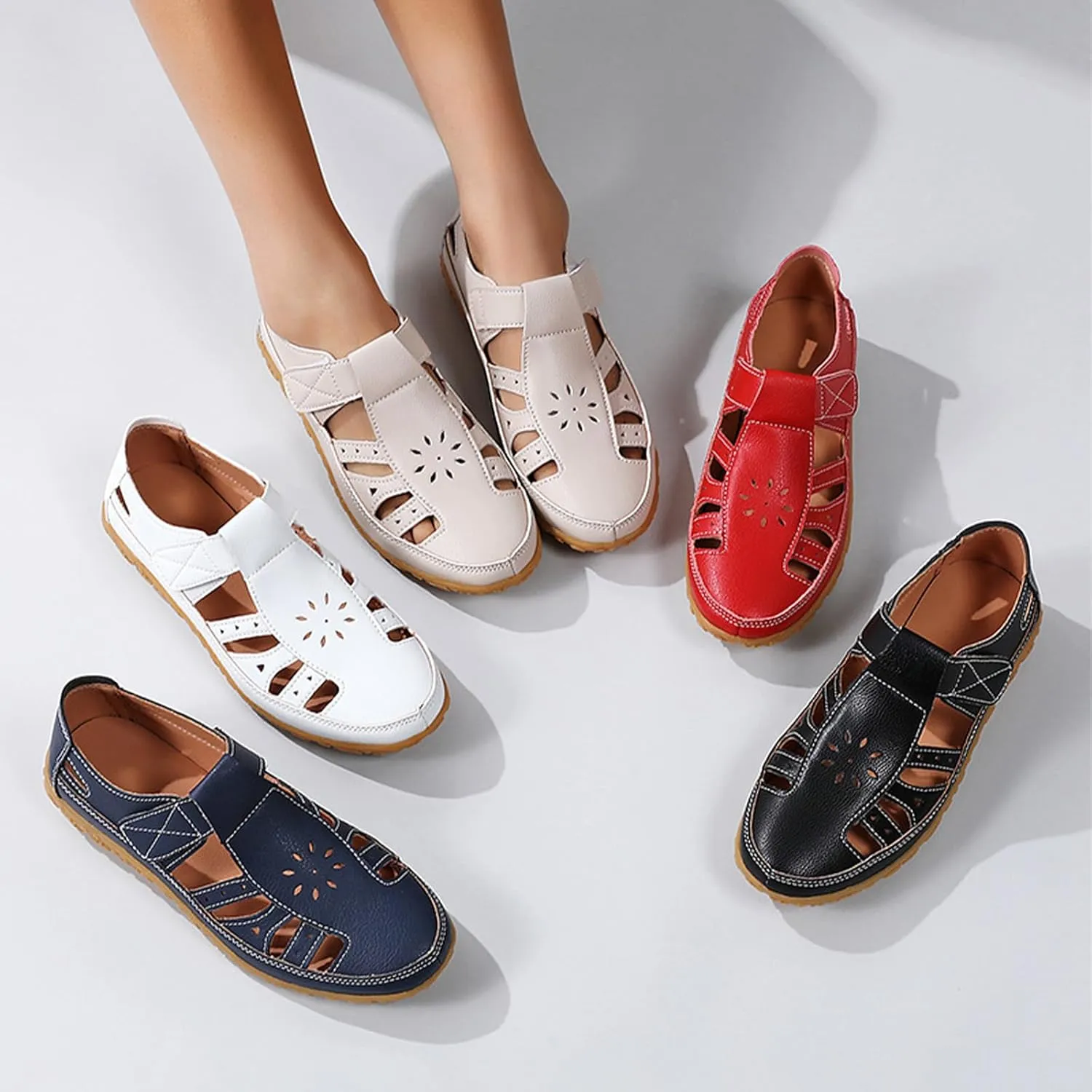 Keilinia Women's Summer Closed Toe Casual Leather Sandals,Comfort Cutout Adjustable Ankle Strap Orthopedic Beach Fisherman Shoes