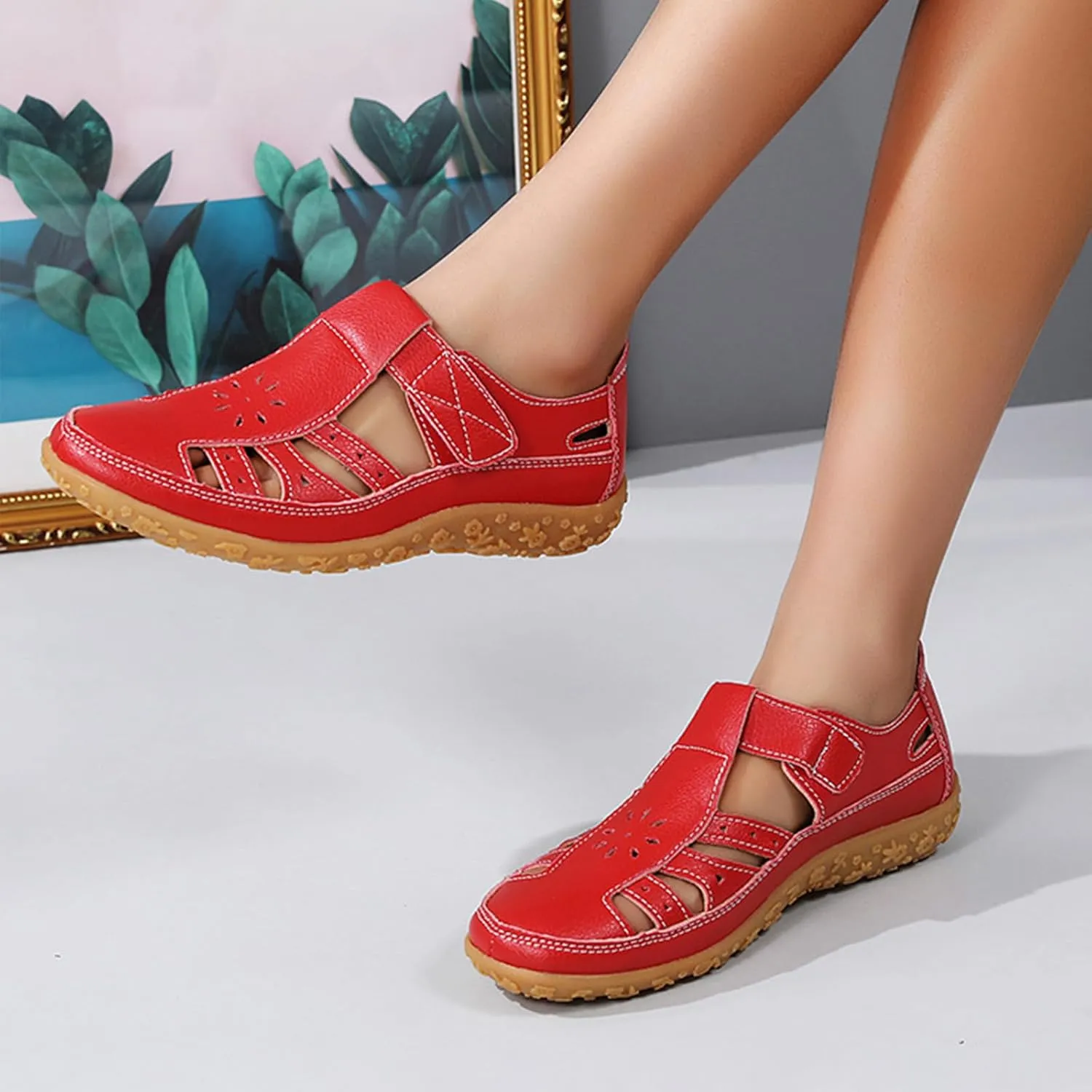 Keilinia Women's Summer Closed Toe Casual Leather Sandals,Comfort Cutout Adjustable Ankle Strap Orthopedic Beach Fisherman Shoes