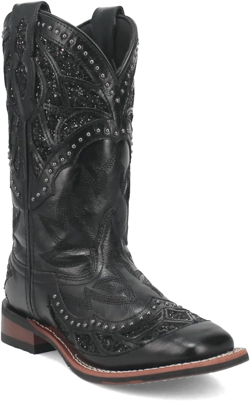 Laredo Womens Eternity Studded Glitter Square Toe Casual Boots Mid Calf Low Heel 1-2" - Black