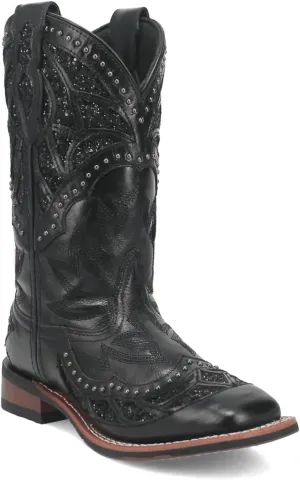 Laredo Womens Eternity Studded Glitter Square Toe Casual Boots Mid Calf Low Heel 1-2" - Black