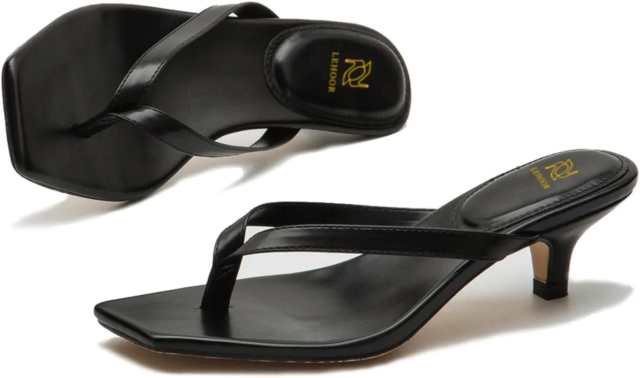 LEHOOR Flip-Flops Mules Kitten Heels Thong Sandals Square Open Toe for Women Slim Matte Leather T-Straps mules slippers kitten heeled Summer Comfortable for Daily Wear Beach