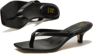 LEHOOR Flip-Flops Mules Kitten Heels Thong Sandals Square Open Toe for Women Slim Matte Leather T-Straps mules slippers kitten heeled Summer Comfortable for Daily Wear Beach