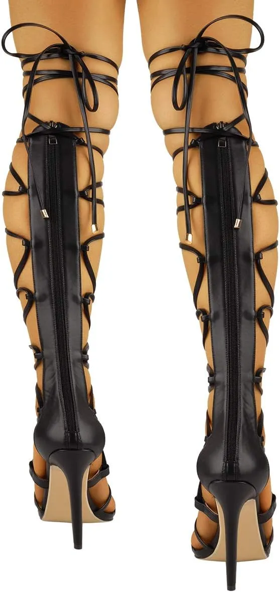 LISHAN Womens Gladiator Knee High Sandals Open Toe Lace Up Criss Cross Strappy Stiletto Heels