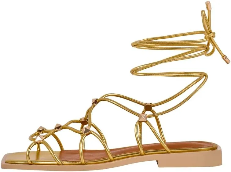 LISHAN Womens Gladiator Square Toe Flat Sandals Lace Up Cross Strappy Studded Flats