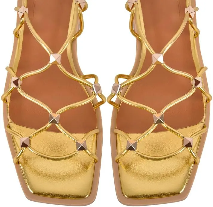 LISHAN Womens Gladiator Square Toe Flat Sandals Lace Up Cross Strappy Studded Flats