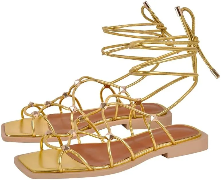 LISHAN Womens Gladiator Square Toe Flat Sandals Lace Up Cross Strappy Studded Flats