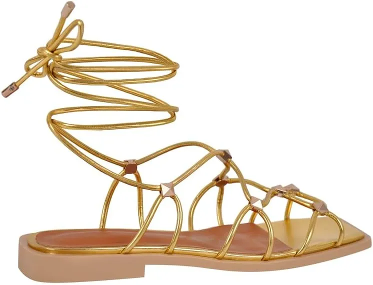 LISHAN Womens Gladiator Square Toe Flat Sandals Lace Up Cross Strappy Studded Flats