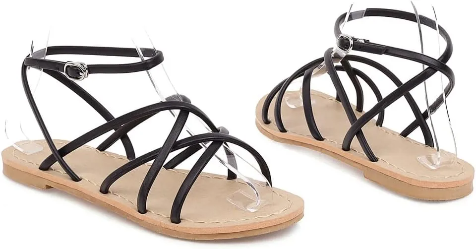 LISYIIZ Womens SL319 Flat Peep Toe Bandage Leather Gladiator Sandals
