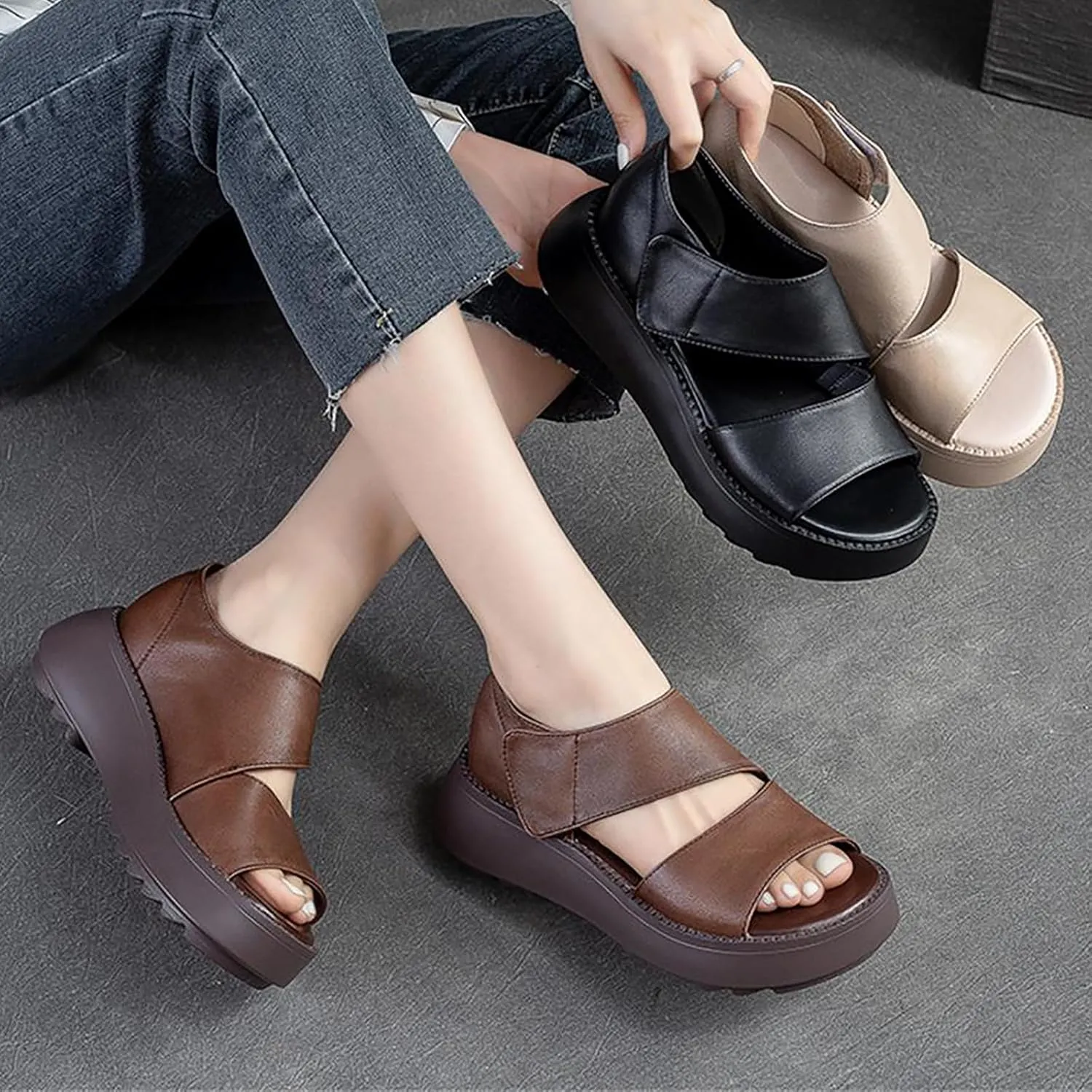 Lurebest Shoes for Women Orthopedic Sandals Pure Cowhide Soft Sole Walking Shoes Women Casual Platform Open Toe Arch Support Sandals