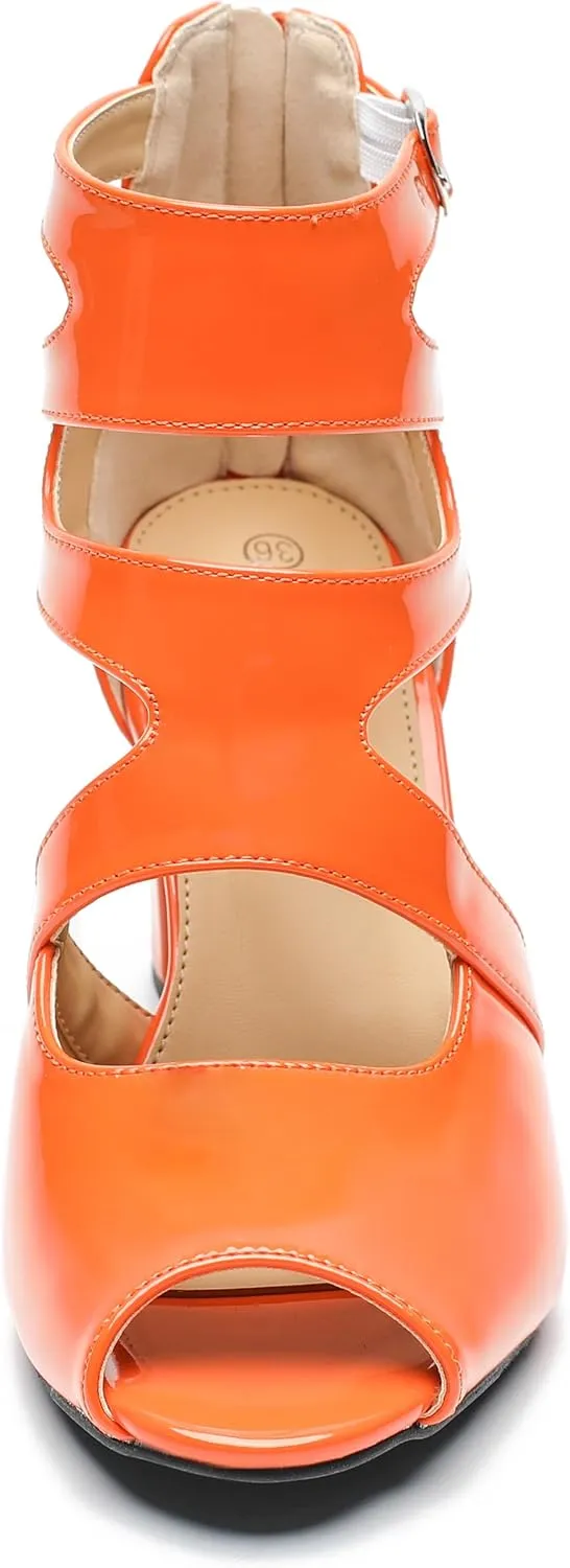 MAIERNISI JESSI Woman Gladiator Peep Toe Sandals Chunky Heels Hollow Out Zip Dress Sandals