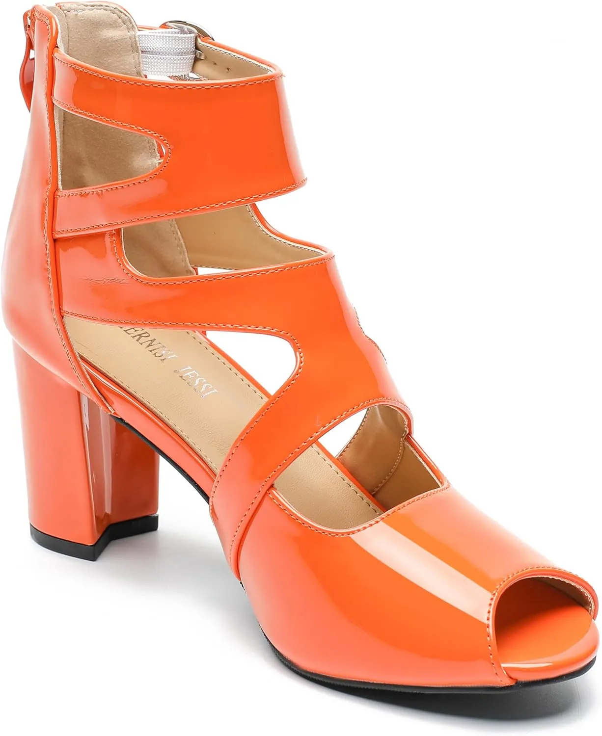 MAIERNISI JESSI Woman Gladiator Peep Toe Sandals Chunky Heels Hollow Out Zip Dress Sandals
