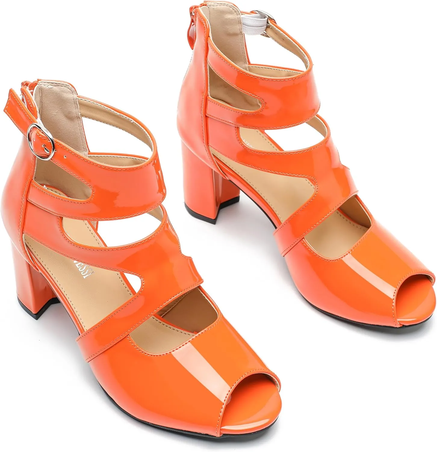 MAIERNISI JESSI Woman Gladiator Peep Toe Sandals Chunky Heels Hollow Out Zip Dress Sandals