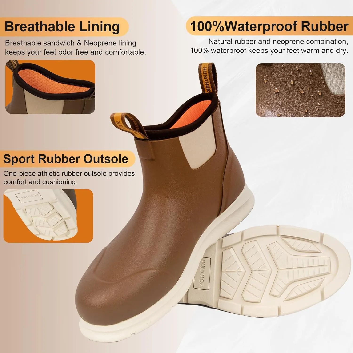 Men's Deck Boots, Lightweight Waterproof Fishing Rain Boots, Anti-Slip Rubber Shoes with Breathable 3mm Neoprene Lining Fishing, Boating, Size 7-14