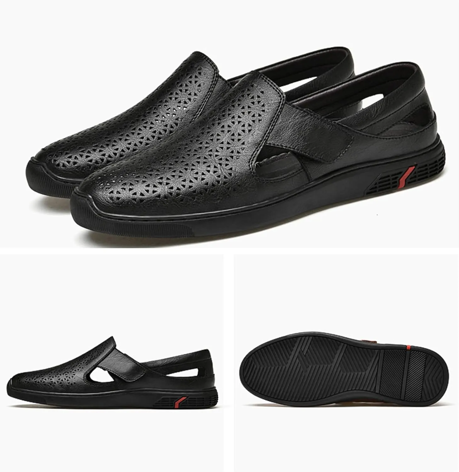 Men's Genuine Leather Hollow Flat Loafers Closed Round Toe Slip On Casual Sandals Summer Outdoor Breathable Anti-Slip Walking Shoes