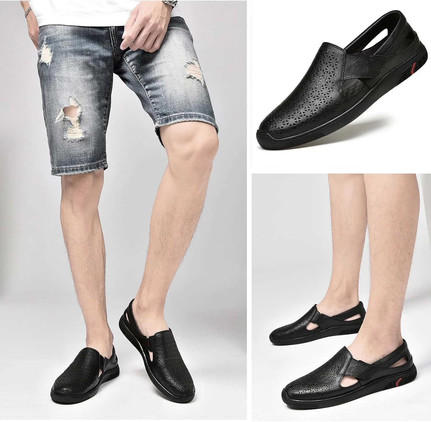 Men's Genuine Leather Hollow Flat Loafers Closed Round Toe Slip On Casual Sandals Summer Outdoor Breathable Anti-Slip Walking Shoes