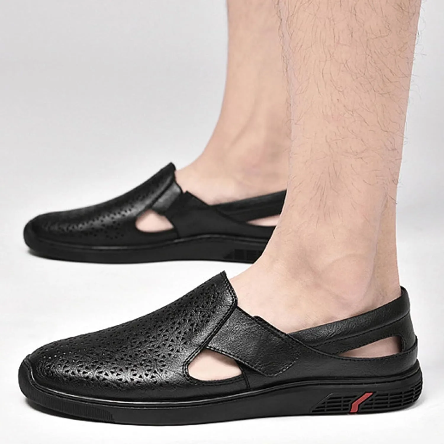 Men's Genuine Leather Hollow Flat Loafers Closed Round Toe Slip On Casual Sandals Summer Outdoor Breathable Anti-Slip Walking Shoes