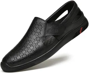 Men's Genuine Leather Hollow Flat Loafers Closed Round Toe Slip On Casual Sandals Summer Outdoor Breathable Anti-Slip Walking Shoes