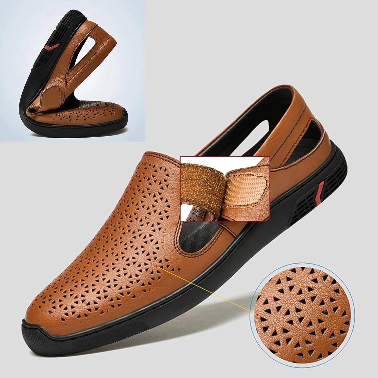 Men's Genuine Leather Hollow Flat Loafers Closed Round Toe Slip On Casual Sandals Summer Outdoor Breathable Anti-Slip Walking Shoes