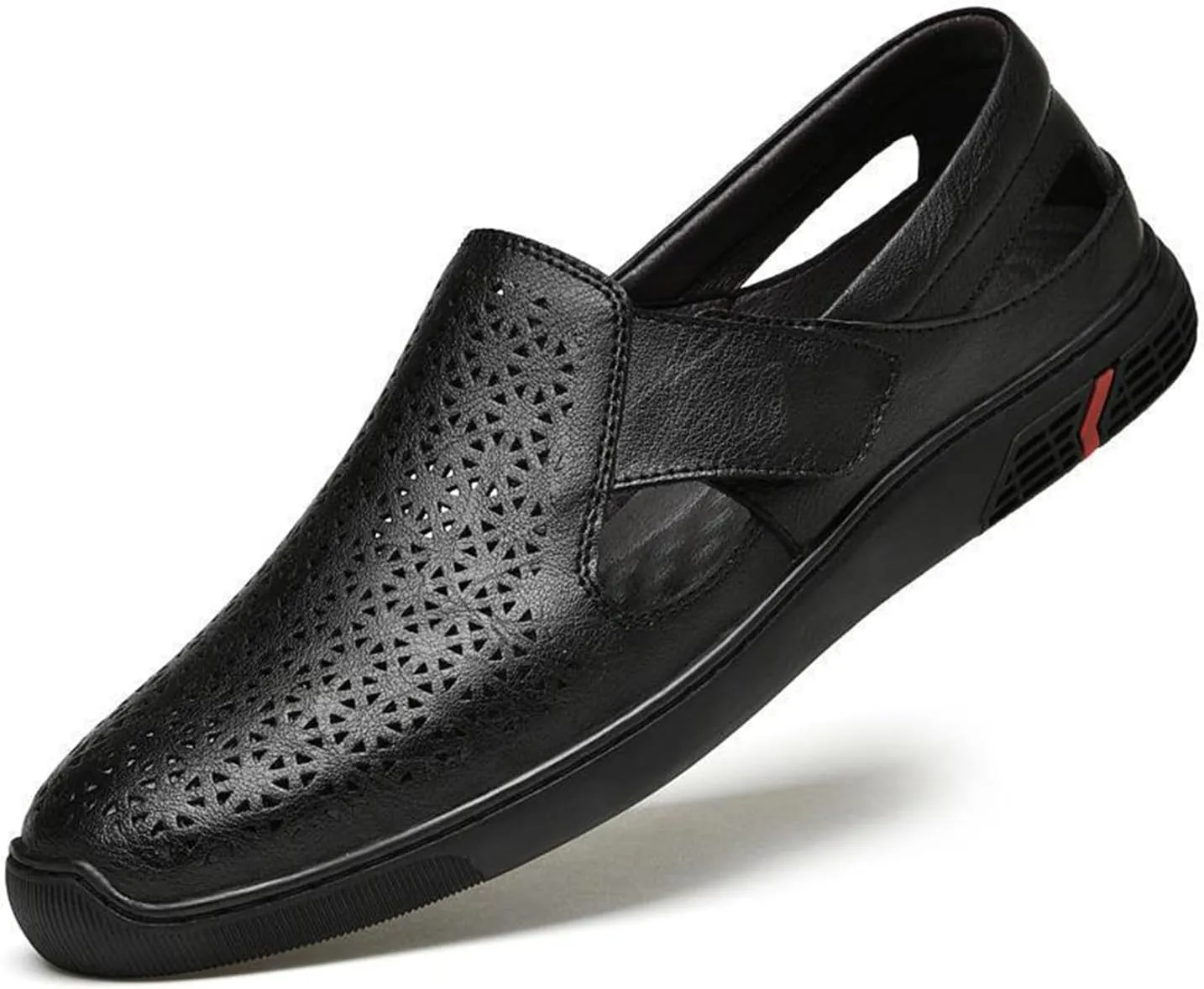 Men's Genuine Leather Hollow Flat Loafers Closed Round Toe Slip On Casual Sandals Summer Outdoor Breathable Anti-Slip Walking Shoes
