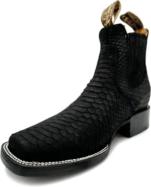 Men’s Genuine Leather Square Toe Embossed Python Snake Print Short Ankle Cowboy Boot