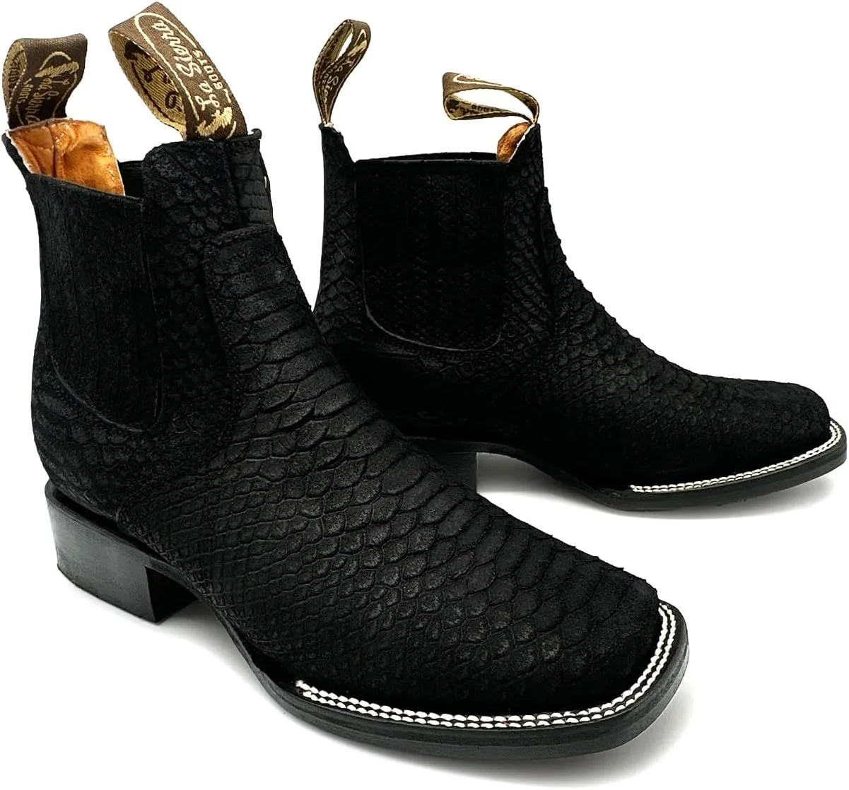 Men’s Genuine Leather Square Toe Embossed Python Snake Print Short Ankle Cowboy Boot