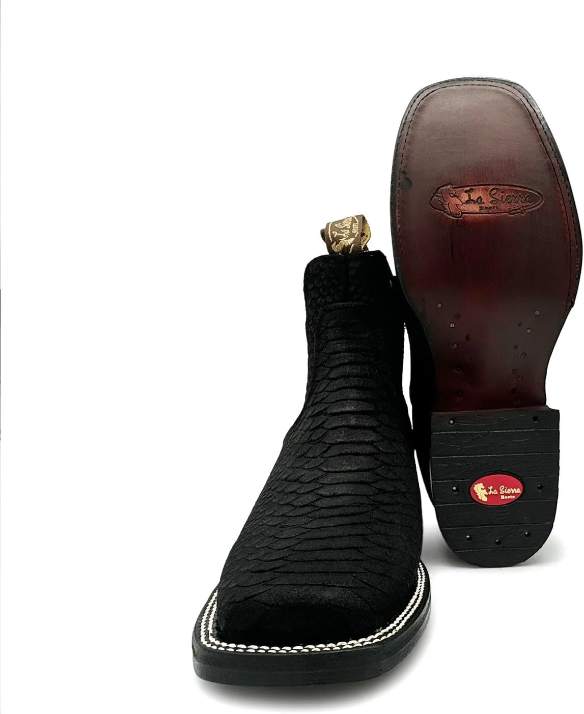 Men’s Genuine Leather Square Toe Embossed Python Snake Print Short Ankle Cowboy Boot