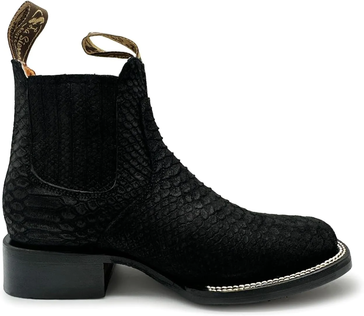 Men’s Genuine Leather Square Toe Embossed Python Snake Print Short Ankle Cowboy Boot