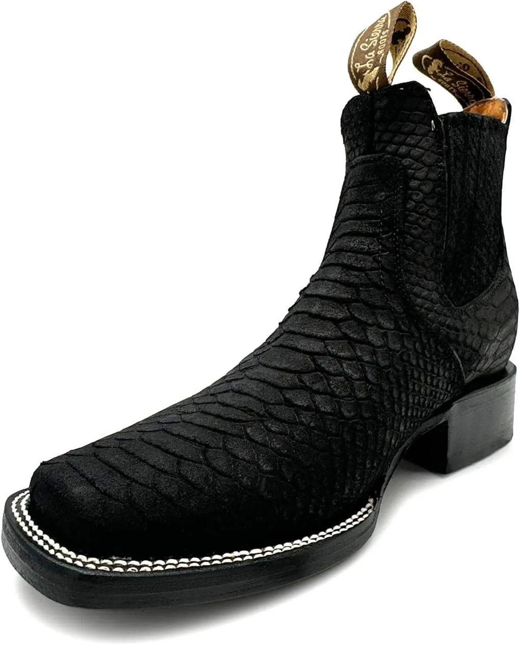 Men’s Genuine Leather Square Toe Embossed Python Snake Print Short Ankle Cowboy Boot