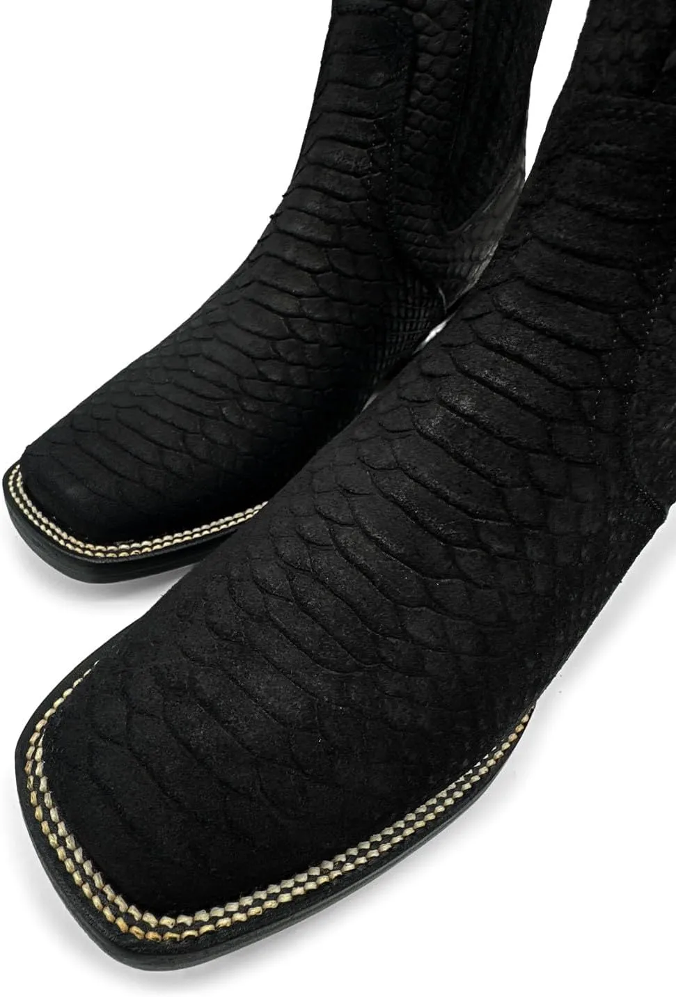 Men’s Genuine Leather Square Toe Embossed Python Snake Print Short Ankle Cowboy Boot