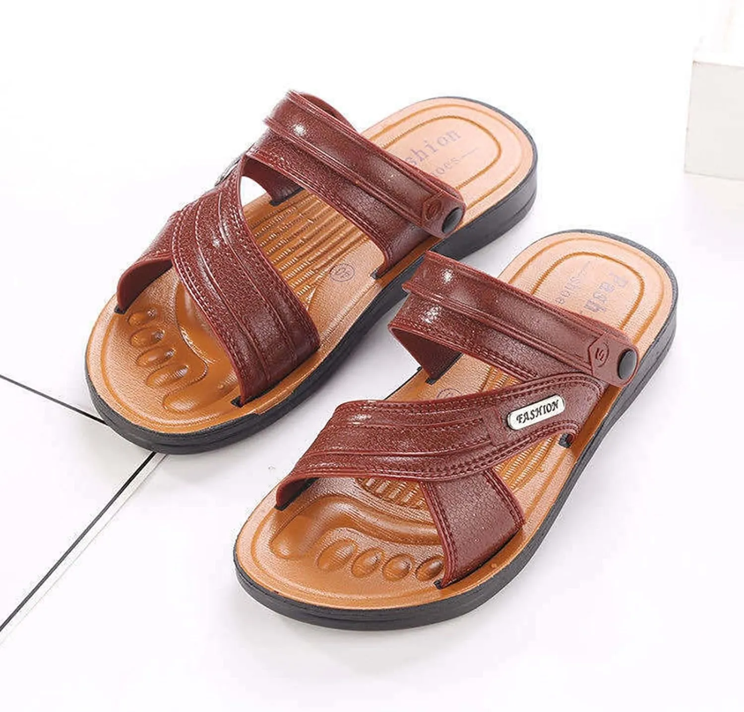 Men's Leather Sandals Summer Non Slip Beach Sandals Open Toe Slip On Walking Slides Comfortable Wide Width Sport Slides