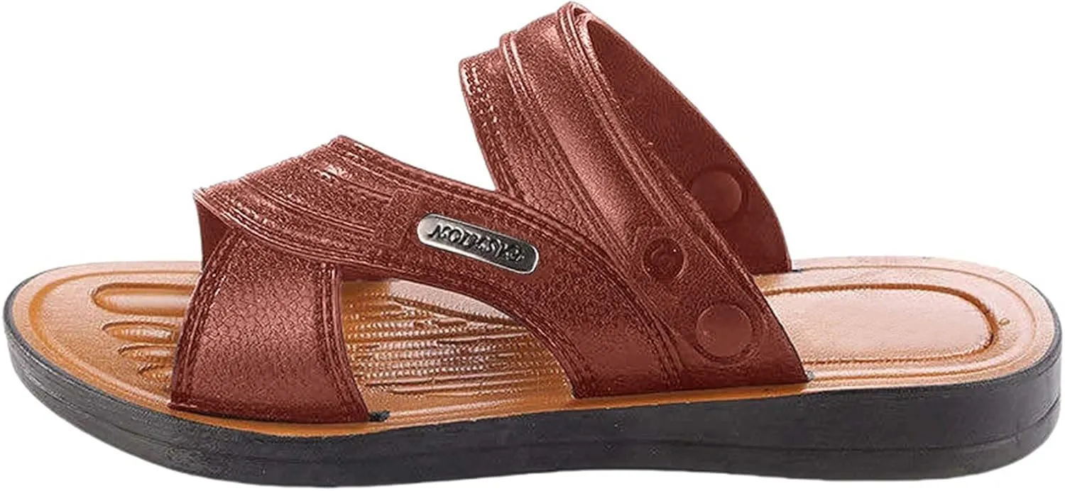 Men's Leather Sandals Summer Non Slip Beach Sandals Open Toe Slip On Walking Slides Comfortable Wide Width Sport Slides