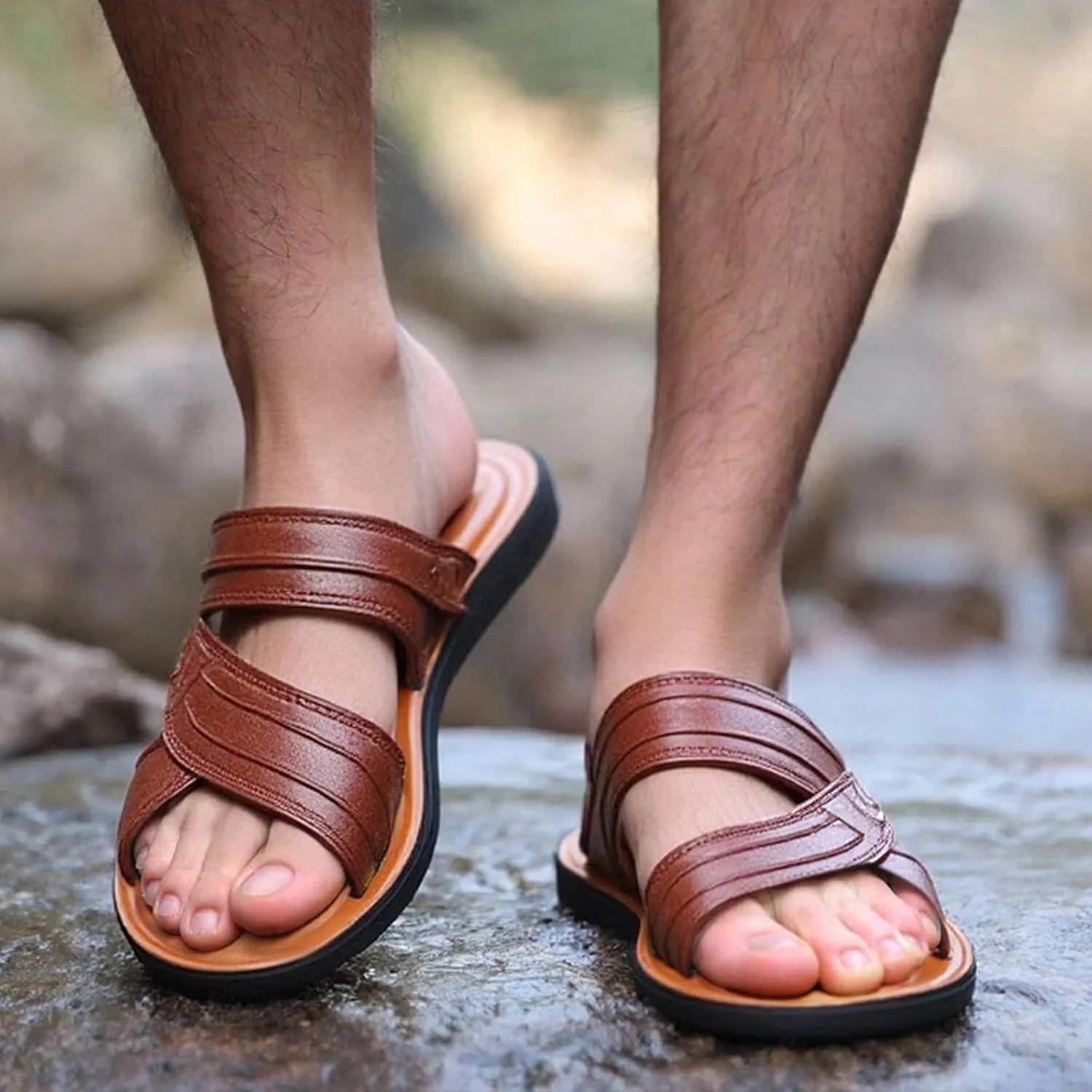 Men's Leather Sandals Summer Non Slip Beach Sandals Open Toe Slip On Walking Slides Comfortable Wide Width Sport Slides