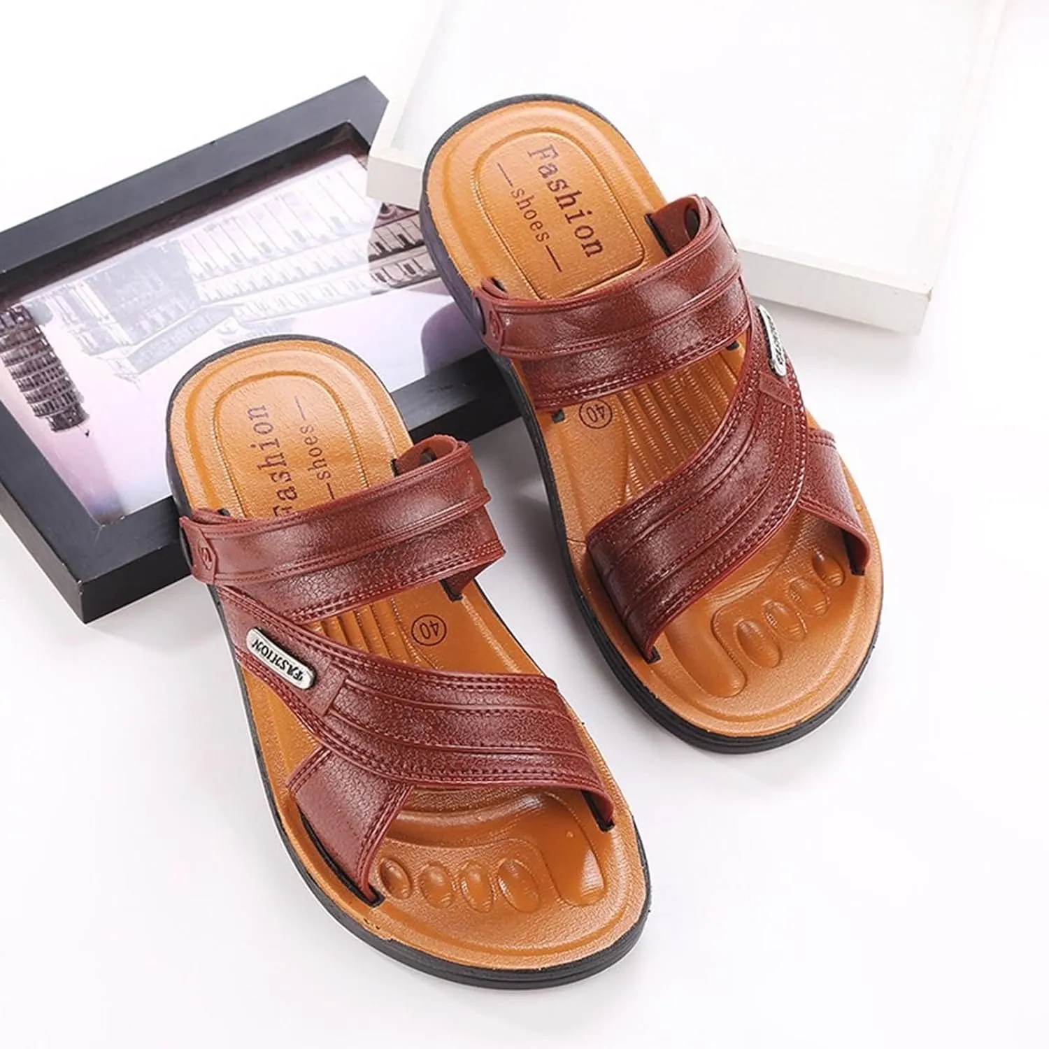 Men's Leather Sandals Summer Non Slip Beach Sandals Open Toe Slip On Walking Slides Comfortable Wide Width Sport Slides